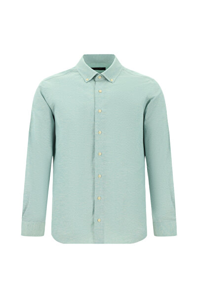 Abdullah Kiğılı Uzun Kol Slim Fit Dar Kesim Düğmeli Yaka Desenli Pamuklu Keten Gömlek