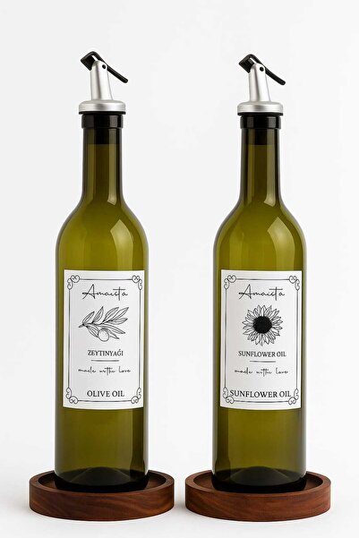 AR&MA WOOD Ahşap Stantlı Amber renkli 2'li 750 Ml Zeytinyağı Sıvıyağ Şişesi Yağdanlık Yağlık Cam Şişe
