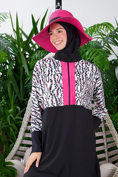 Moodbasic Hijab Swimsuit with Gathered Sides - Fuchsia