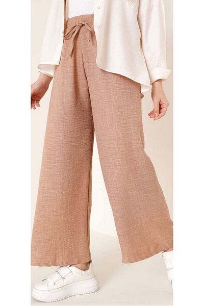 LEGS STAR Women's Beige Sofia Linen Double Pocket Wide Leg Trousers