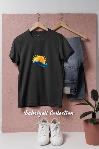 Bahriyeli Collection Unisex T-Shirt with Oversize Sun and Sea Design