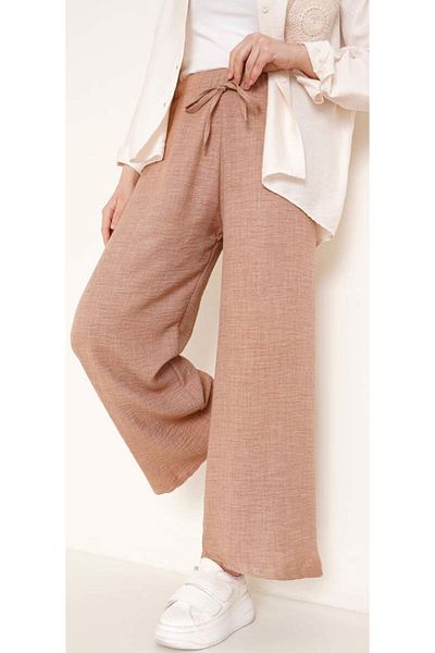 LEGS STAR Women's Beige Sofia Linen Double Pocket Wide Leg Trousers