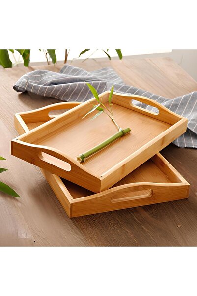 EYD İkili Bambu Kulplu Çay Tepsisi Kahve Tepsisi Servis Tepsisi Bambu 40cm-33cm