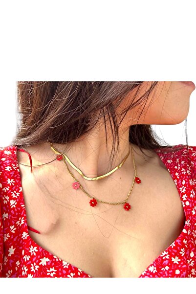 CLOVER JEWELRY İtalyan Zincir İkili Kolye – Kırmızı Çiçek Detaylı Zarif ve Mo...