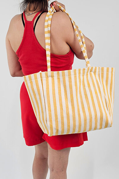 Woys Bags Sarı Çizgili Desen Dokuma Plaj Çantası