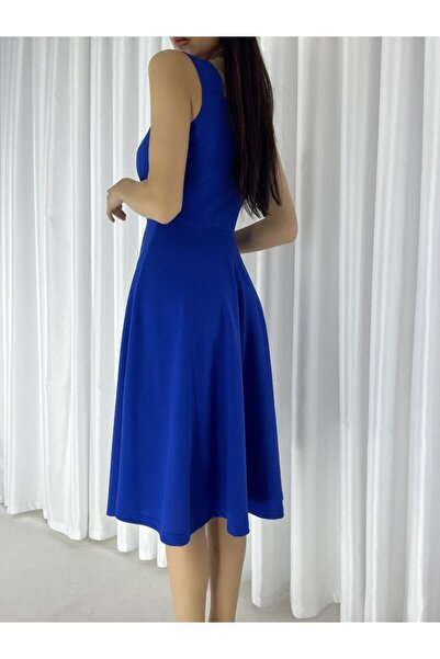 Varyete Askılı Kalp Yaka Midi Boy Krep Kumaş Abiye Elbise