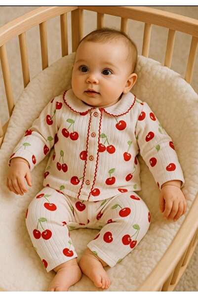 anne dokunuşu gibi KUZUM BEBE Kirazlı Organik Omuzdan 2’li Fitilli Kumaş Kız Bebek Çocuk Alt Üst Pijama Takımı