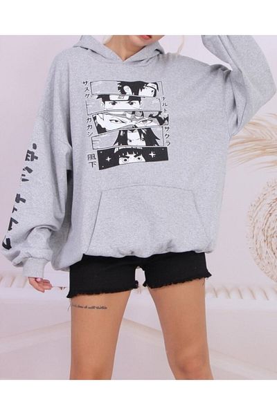 Aslında Look Φούτερ με στάμπα χαρακτήρων Anime με 3 νήματα Oversize Unisex