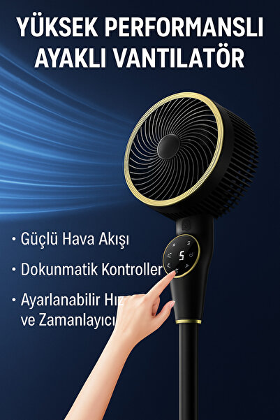 Yellowtech Dijital Ekranlı Akıllı Ayaklı Vantilatör – Kumandalı, Sessiz, 3 Kademe, 90° Dönüş, Modern Tasarım