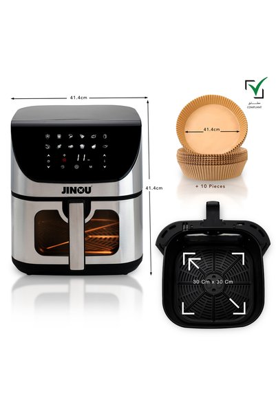 JINOU Air Fryer 8L with Non-Stick Bucket, Touch Panel & 10 Free Paper Liners for Multi-Cooking