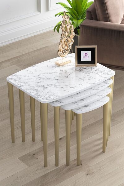 Canisa Telwe Serisi Beyaz Mermer Desenli Zigon Sehpa Takımı 4lü Gold Ayak