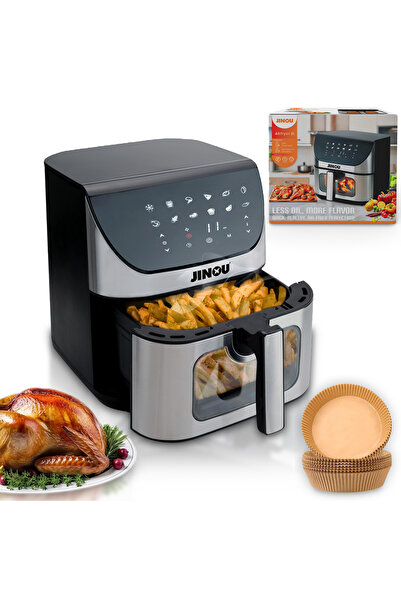 JINOU مقلاة هوائية سعة 8 لتر مع دلو غير لاصق ولوحة تعمل باللمس و10 بطانات ورق...