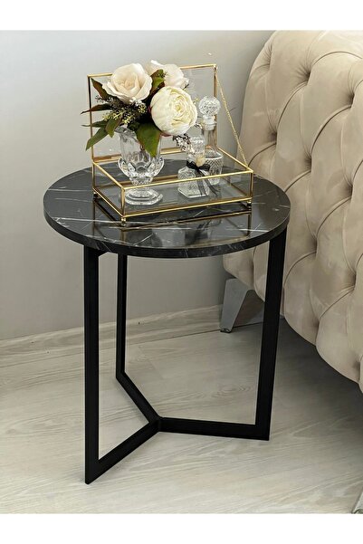 AssuCass Yuvarlak Yan Sehpa Siyah Mermer Desen