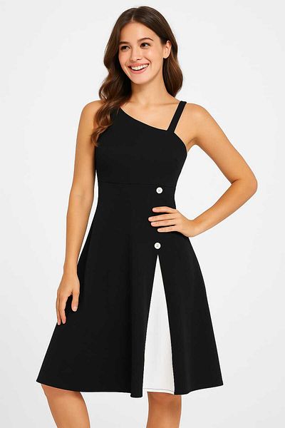 MODA Women's One Shoulder Stripe Detail Sleeveless Side Button Detail Janjan Crepe Dress (Available in Large Sizes)