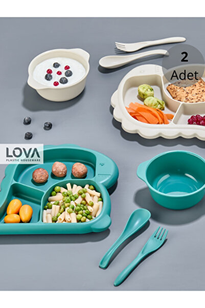 Lova 2'li Dino Bebek Kase Çatal-Kaşık Mama Seti (Yeşil-Bej)