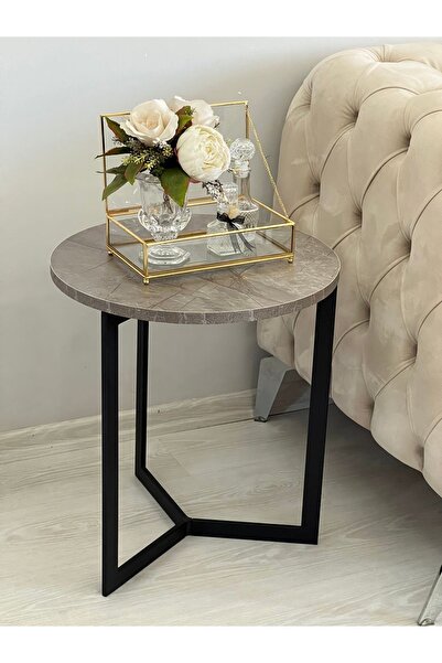 AssuCass Yuvarlak Yan Sehpa Antrasit Mermer Desen