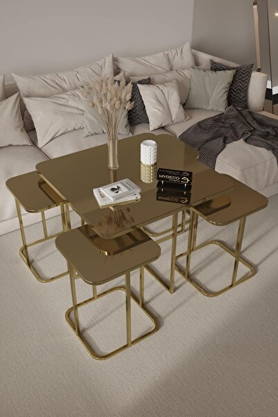 home plus mobilya 5'li Radüslü Gold Kaplama Bronz Aynalı Orta Sehpa & Zigon Sehpa & Yan Sehpa & Bohem Sehpa Takımı