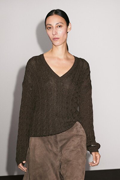 Massimo Dutti V yaka saç örgülü kazak