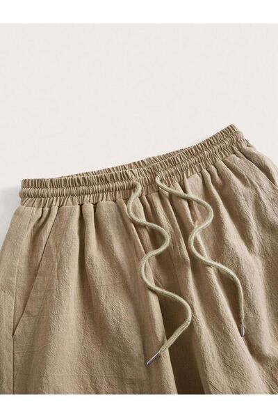 trendgar Bej Keten Karışımlı Lastikli Yüksek Bel Wide Leg Pantalon