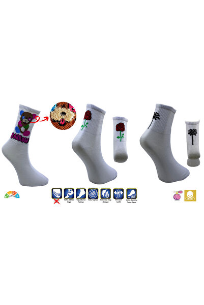 AKSU ÇORAP 3 قطع من جوارب تيدي بير الملونة - جوارب رياضية نسائية بنقشة النخيل...