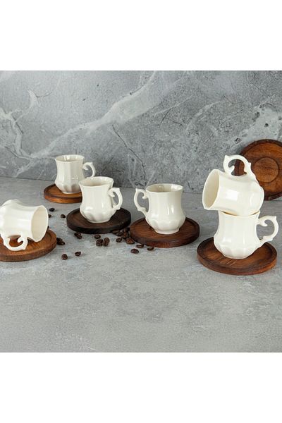 Tulü Porselen 12 Piece Coffee Cup Set for 6 People with Tulu Wooden Plate 100 ml