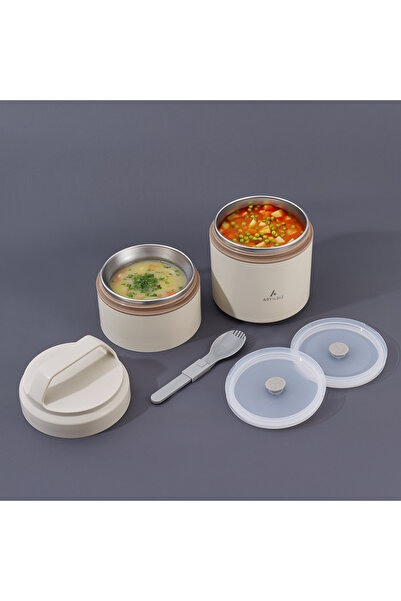 Aryıldız Bento Yuvarlak 2 Katlı Lunch Box Yemek Termosu Bej 1200 ml