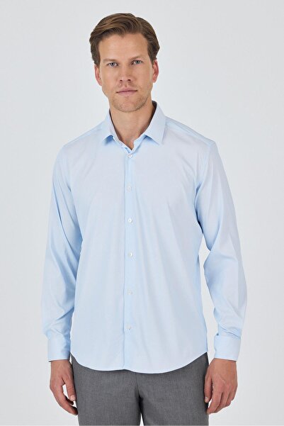 İmza White-Blue Hard Collar Pocketless Gabardine Long Sleeve Slim Fit Stretch Shirt 1004250229