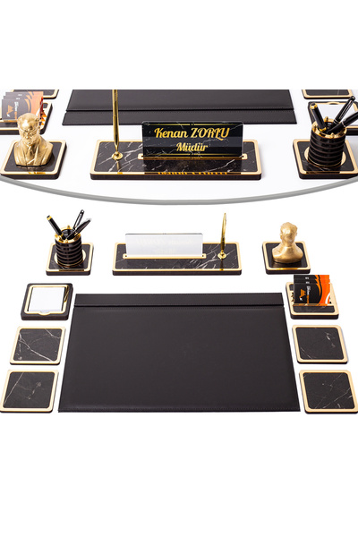 isimliksepeti 10 Parça Mermer Desen Atatürk Sümen Takımı Ahşap Deri Sümen Seti