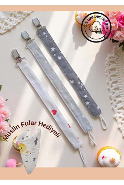 BeybiNest Emzik Askısı Müslin Kumaş 3 Adet %100 Organik Pamuklu Emzik Tutucu