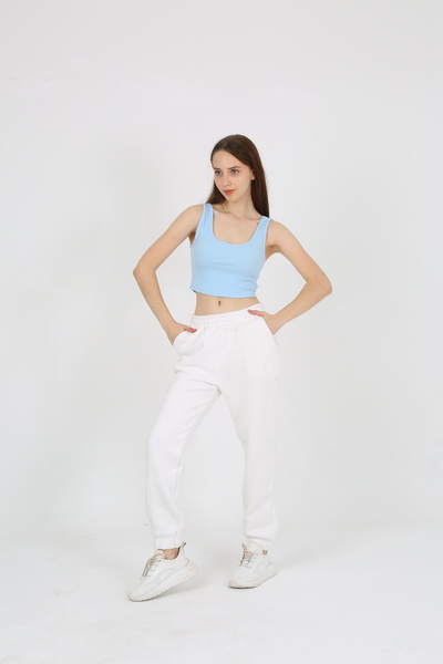 EDSA Mavi Basic Örme Kaşkorse Çift Omuz Kadın Crop Atlet