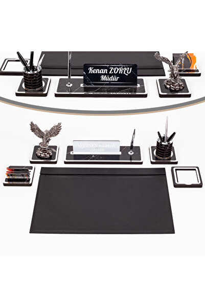 isimliksepeti Mermer Desenli Ahşap Sümen Takımı Kartal Heykelli Deri Sümen Seti