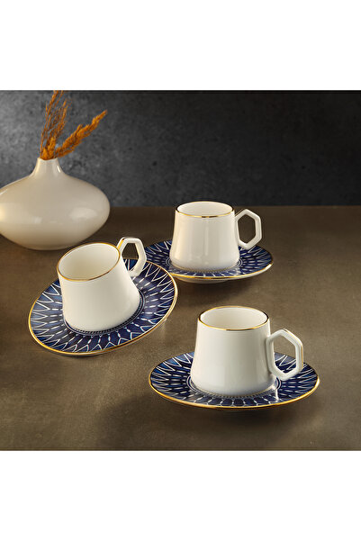 Sandro Moreno 1453 Deep Blue Geometrik Gold 12 Parça 6 Kişilik Kahve Fincan T...