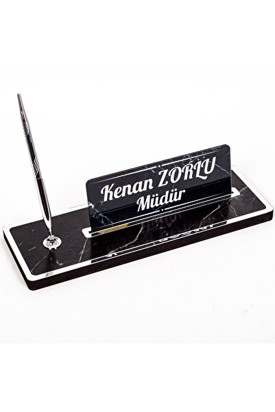 isimliksepeti Mermer Desenli Ahşap Masa İsimliği Ofis Hediye Gümüş İsimlik