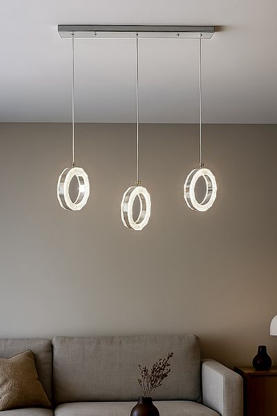 Fer Avize Işıl Chrome Modern Chandelier - 3-Piece Pendant Lamp Row Living Room and Kitchen Living Room