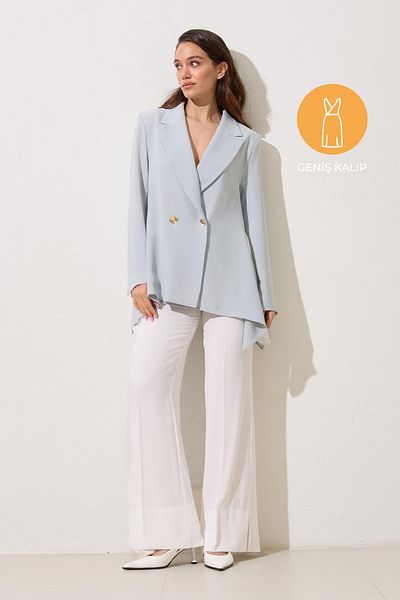 Setre Hazy Green Single Button Detailed Asymmetric Wide Cut Jacket
