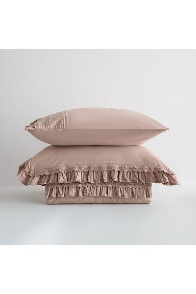 Ecocotton Adelya Double Duvet Cover Set 100% Organic Cotton Linen Brodeled Powder 200X220 cm