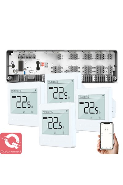 Quicksmart Kit Automatizare Incalzire Pardoseala Q10, Controler pardoseala 8 zone, 4x Termostat cu fir Q40, Inc
