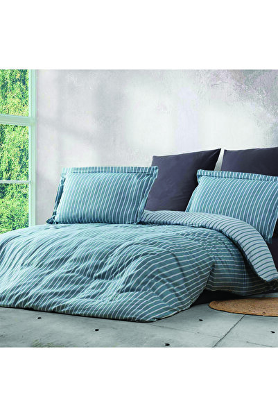 MAXSTYLE Bambu Çizgili Petrol Double Nevresim Takımı