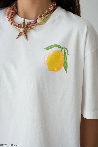 Qu Style Lemon Printed Oversize T-Shirt Ecru