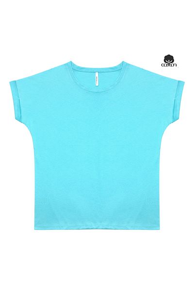 Cottonland Tricou BENEDITA pliat cu mânecă scurtă, cu decolteu O, din bumbac pieptănat, ALBASTRU TURCOAZ