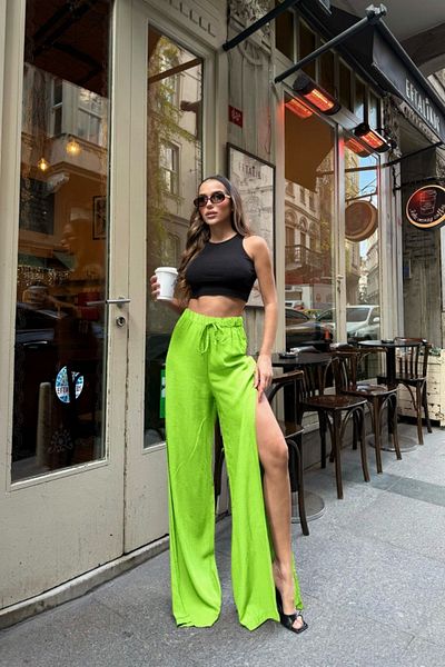 Bliss Women's Ecru Linen Slit High Waist Palazzo Trousers