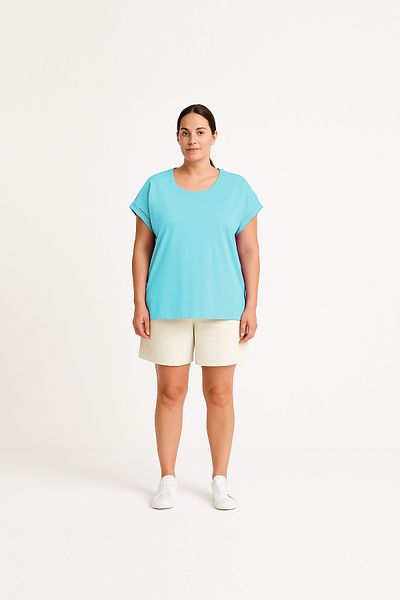 Cottonland Tricou BENEDITA pliat cu mânecă scurtă, cu decolteu O, din bumbac pieptănat, ALBASTRU TURCOAZ