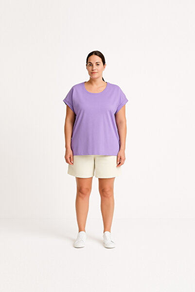 Cottonland Kadın BENEDITA Katlamalı Kısa Kollu O Yaka Penye Tişört LİLA