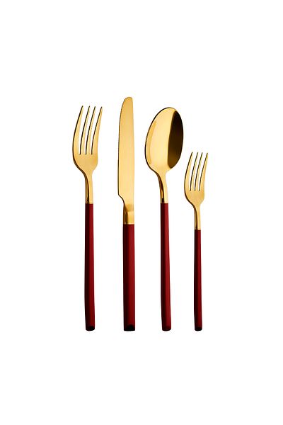 Aryıldız Soho Prestige Gold 24 Pieces Red Fork Spoon Knife Set for 6 People