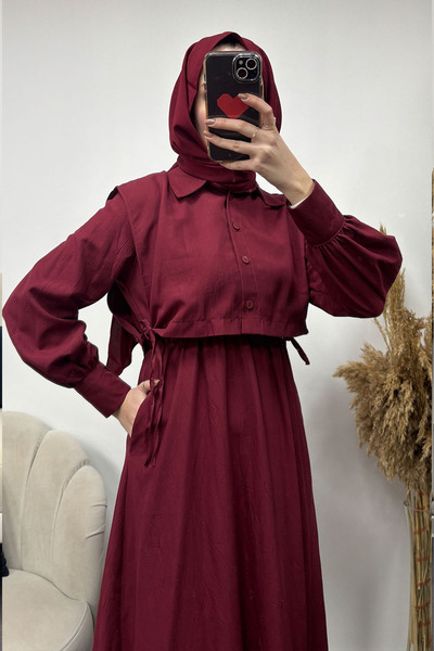 Tesettür Diyarı Kadın Tesettür Giyim Elbise Bolerolu-Bordo