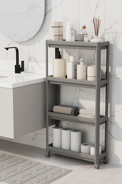 Frapan Home وحدة رفوف بعجلات مكونة من 4 طبقات رف مطبخ ورف حمام ومنظم للحمام ومنظم للمساحة الضيقة باللون الرمادي