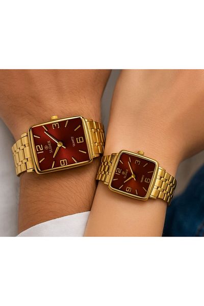 style iconic SLIDER Royal Gold Square Couple Watch Set – Luxury Red Dial | Fade-Proof Finish | 1-Year Guarantee