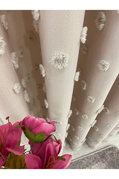 Brillant Beige Color Pompom Pufy Background Curtain 1/3 Sik Pleat