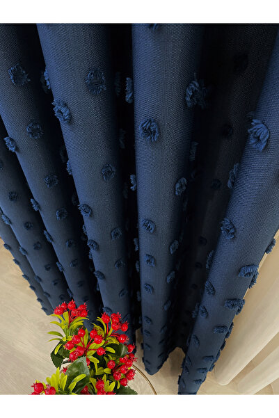 Brillant Navy Blue Color Pompom Pufy Background Curtain 1/3 Sik Pleat