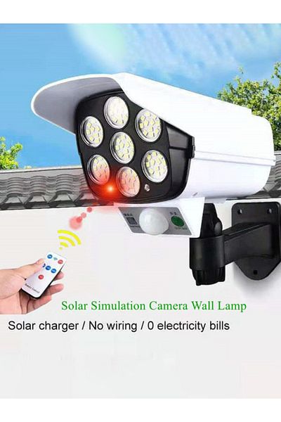 MACON 3 Modes Motion Sensor Solar Simulation Camera Wall Lamp Remote Control Outdoor Wall Light - White an